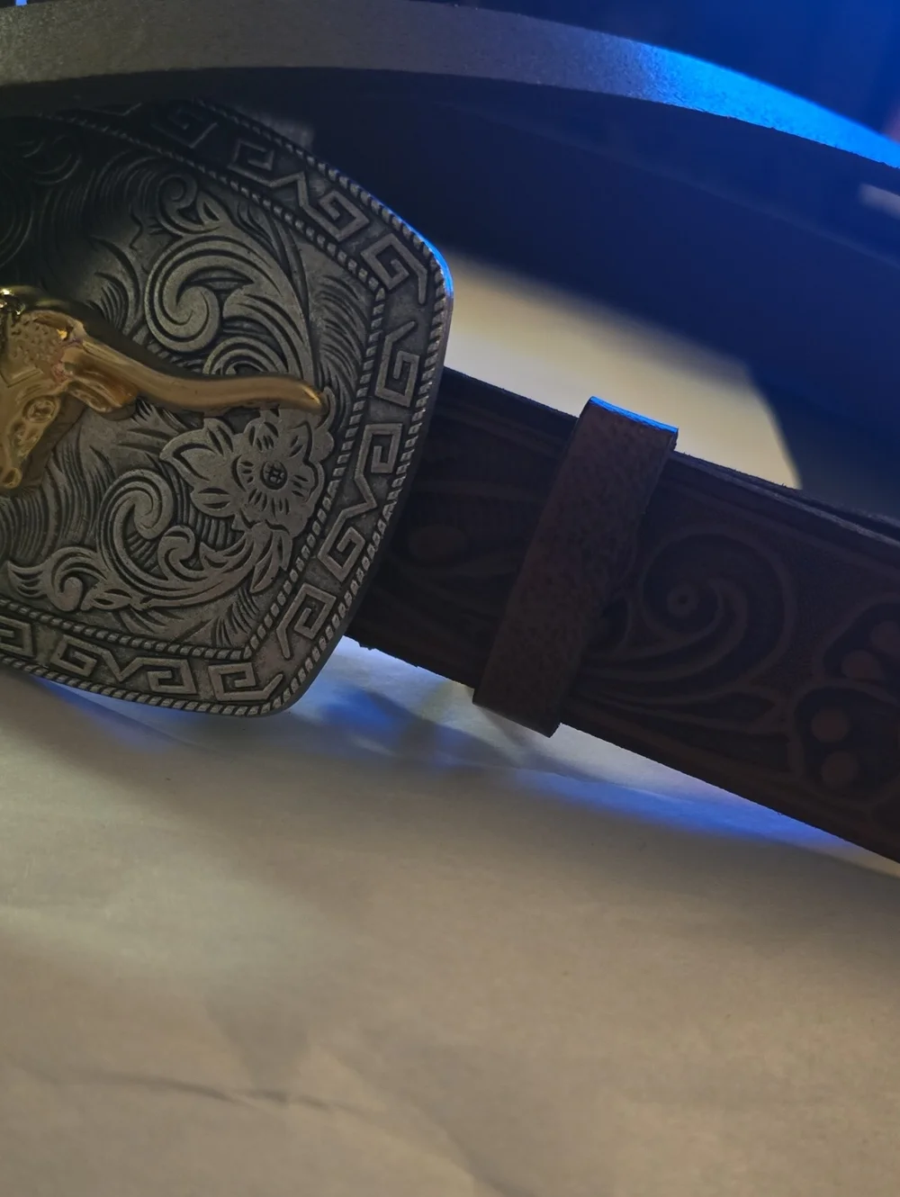 Lee Kacey Women's Embossed Leather Belt with Longhorn Buckle